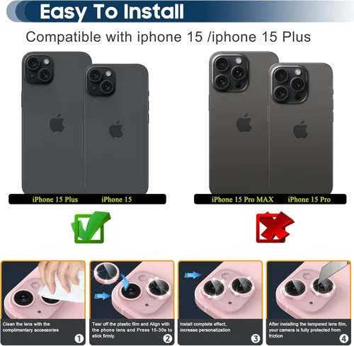 Miniatura 2 de Suoman Protector de lente de cámara para iPhone 15 de 6.1 pulgadas, 15 Plus de 6.7 pulgadas, fácil de instalar, vidrio templado 9H, protector