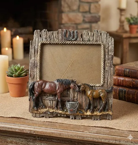 Miniatura 3 de Comfy Hour Marco de fotos de figura de caballo doble de 7.48 x 7.75 pulgadas, estilo rústico, antiguo, estilo occidental, decoración del hogar