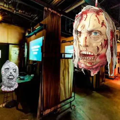 Miniatura 2 de RiceelSor Decoración colgante de cabeza dividida para Halloween, diseño de cadáver sangriento, de terror, de tamaño real, con peluca, disfraz