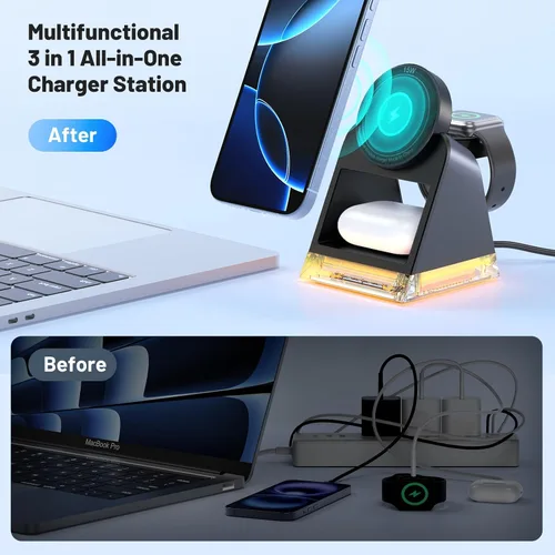 Miniatura 4 de Estación de carga rápida 3 en 1 para múltiples dispositivos Apple, soporte de cargador inalámbrico portátil con MagSafe, base de carga magnética