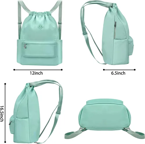 Miniatura 7 de Mochila con cordón y bolsillo húmedo, mochila de gimnasio resistente al agua, bolsa de cuerda para playa, natación, para mujeres y hombres