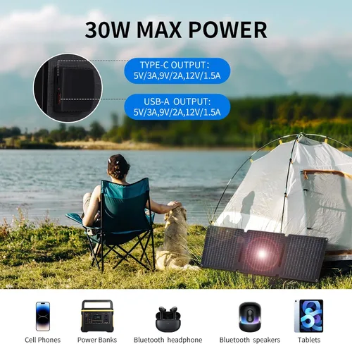 Miniatura 2 de Panel Solar Portátil de 30W, Cargador de Paneles Solares Plegables para Camping, Senderismo, Actividades al Aire Libre, Kit de Panel Solar