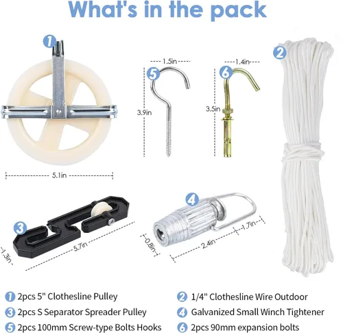 Miniatura 2 de TooTaci Kit de tendedero para exteriores, kit de polea de tendedero de nailon de 5 pulgadas, cuerda de poliéster de 150 pies para exteriores
