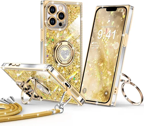 Miniatura 60 de XYZ Funda para iPhone 13, con purpurina brillante con soporte de corazón de 2 anillos y cordón, funda protectora a prueba de golpes con diamantes
