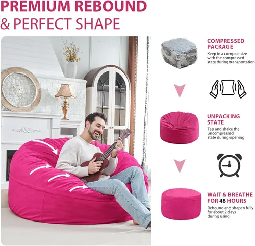 Miniatura 42 de Puf de 5 pies, puf grande con relleno de espuma viscoelástica, sofá puff esponjoso con funda de terciopelo holandés, puf redondo para sala de estar