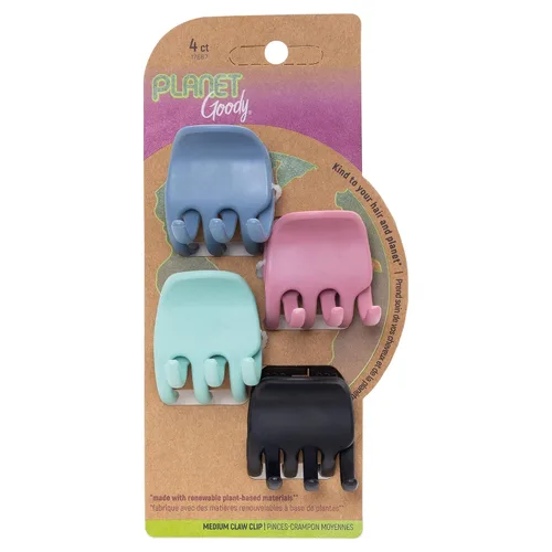 Planet Goody - Pinzas de garra Heritage a base de plantas, medianas, extra fuertes, colores brillantes, rosa, bígaro, verde y negro, 4 unidades
