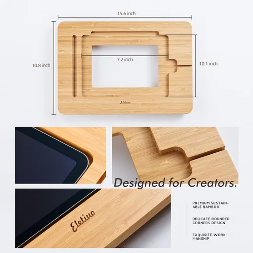 Miniatura 2 de ELETIUO Soporte ajustable para tablet con ranura para lápiz y cable de cargador, soporte de madera de bambú con múltiples ángulos, organizador