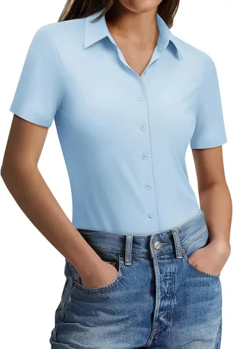Miniatura 10 de Gleeivy Camisas con botones para mujer, ajustadas, de manga corta, elásticas, para el trabajo, sin arrugas, blusas de oficina