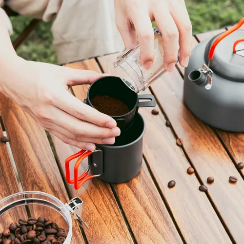 Miniatura 4 de Odoland Cafetera de camping Cafeteras de camping, hervidor de camping de 1.2 L con taza de camping y filtro de café de campamento de utensilios