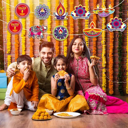 Miniatura 5 de Hotop 2 carteles colgantes con temática de Deepavali de 78 x 11.4 pulgadas, decoraciones Diwali para el hogar, festival de luces, fiesta, puerta