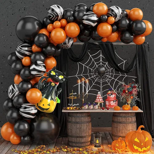 Miniatura 7 de Kit de arco de globos de Halloween de 155 piezas, kit de guirnalda de globos de color negro, naranja, morado y verde, con arañas de telaraña
