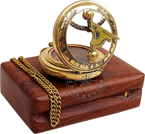 Miniatura 7 de Reloj de sol hecho a mano con botón de dirección con cadena y caja de madera, reloj de sol de bolsillo de brújula de latón, regalo de bautismo