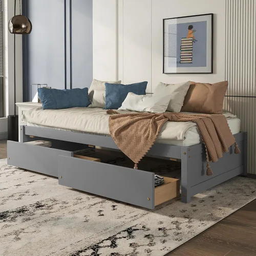 HomSof Cama individual con 2 cajones, madera maciza, no necesita somier, gris