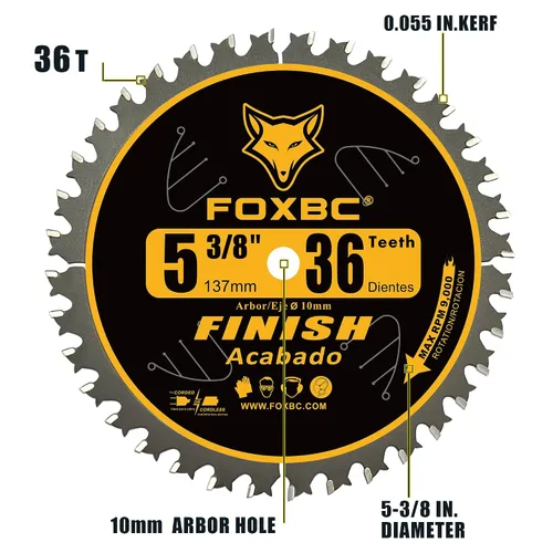 Miniatura 2 de FOXBC Hoja de sierra circular de carburo de 5-3/8 pulgadas con acabado de madera con eje de 0.394 in