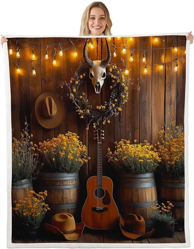 Miniatura 12 de Cowboy Boots Blanket Bohemia Musical Guitar Throw Blanket for Kids Western Rustic Cowgirl Super Soft Wrinkle Sherpa Blanket Music Notes Print 40x50