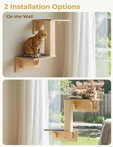 Miniatura 2 de Pecute Estantes dobles para gatos con poste rascador para pared y ventana con madera maciza, ventosa fuerte, alfombrilla de cubierta lavable, cama