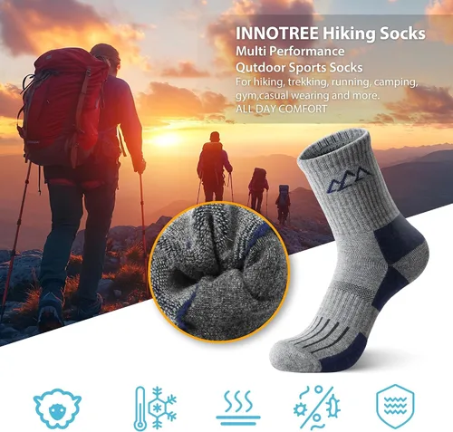 Miniatura 21 de innotree 3 Pack Men's Merino Wool Hiking Socks, Micro Crew Cushioned Hiking Walking Thermal Moisture Wicking Trekking Socks