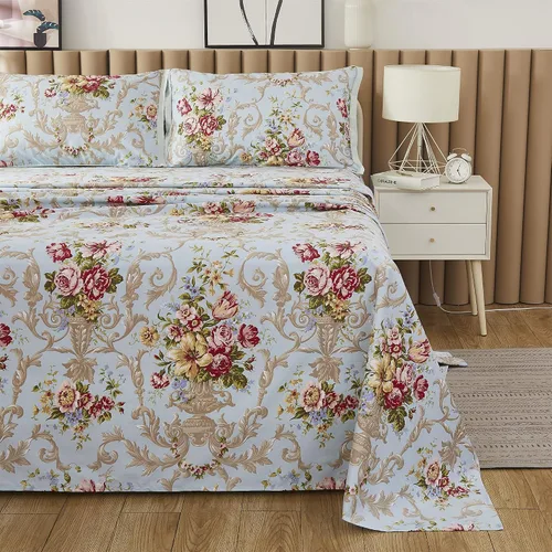 Miniatura 3 de ABREEZE Juego de sábanas de algodón egipcio tamaño individual (1000 hilos) floral y fundas de almohada (4 piezas), sábanas de algodón egipcio