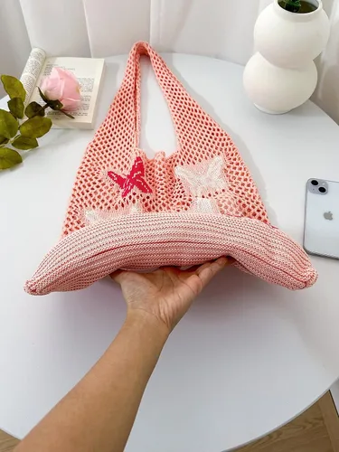 Miniatura 2 de ENBEI Bolsas bohemias, bolsa de punto de hombro, bolsa de mano Y2K estética, bolso de ganchillo lindo para mujeres, regalos hippie Rosa con seis