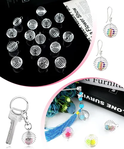 Miniatura 5 de JIALEEY Colgantes de jaulas de cuentas en espiral, 100 unidades de 0.98 x 1.18 pulgadas (0.984 x 1.181 in) chapadas en plata para collar y jaulas