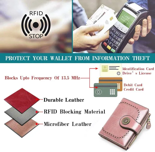 Miniatura 5 de SENDEFN - Billetera pequeña de piel auténtica para mujer, diseño plegable con ventana para tarjeta de identificación