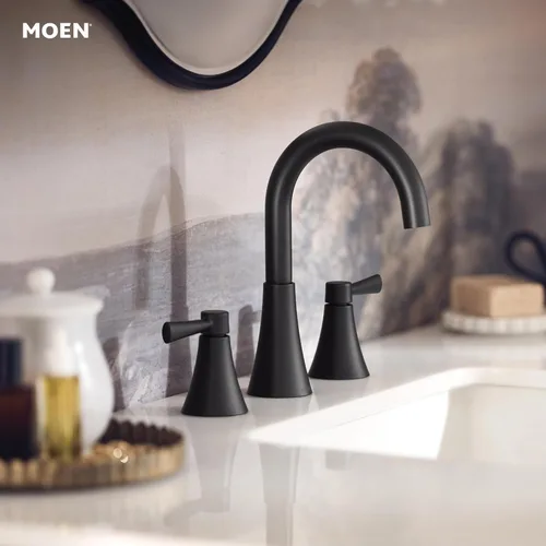 Miniatura 7 de Moen Ronan Grifo de baño moderno extendido de dos manijas negro mate, válvula incluida, 84023BL