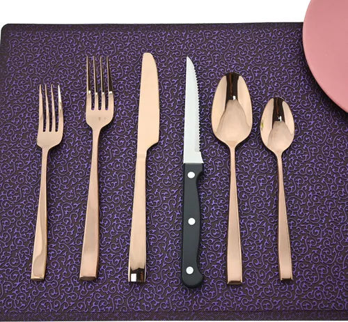 Miniatura 11 de Juego de cubiertos de mango grueso de 24 piezas, acero inoxidable 18/10 negro antiguo con cuchillo para carne, juego de cubiertos pulidos de espejo