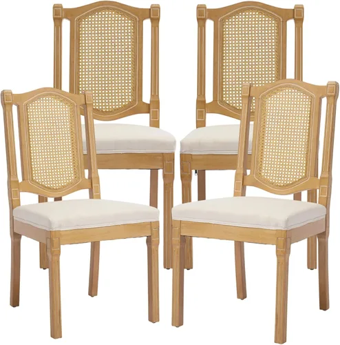 Miniatura 62 de Juego de 2 sillas de comedor de campo francés, sillas de comedor de madera de granja beige, silla de comedor con respaldo tejido con cojín tapizado