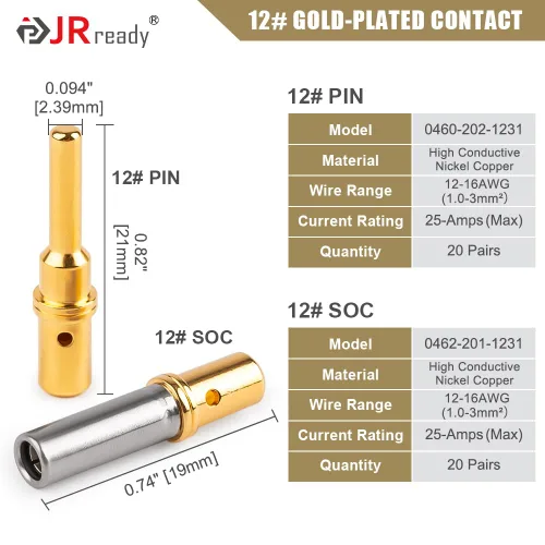 Miniatura 7 de JRready ST6356-12 Deutsch Conectores y enchufes chapados en oro tamaño 12, terminales de barril cerrados Calibre de alambre 12-16, 20 pares macho