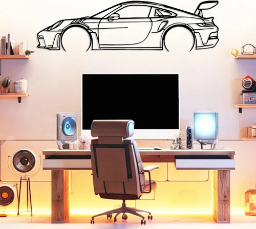 DecoSoul Arte de Pared de Metal con Silueta de Coche 911, Coche Deportivo, Decoración de Línea de Silueta Automotriz, Cueva de Hombre, Regalo para