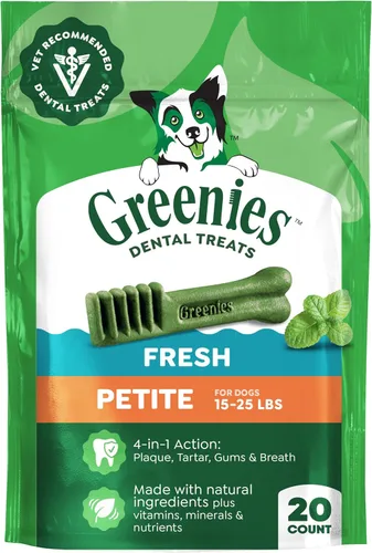 Greenies - Golosinas naturales de cuidado dental para perros pequeños, sabor fresco, paquete de 12 onzas (20 unidades)