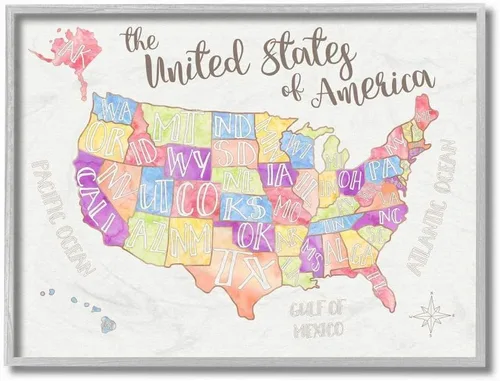 Stupell Industries Arte de pared enmarcado de color gris con mapa de Estados Unidos de Estados Unidos, 16.0 x 20.0 in, diseño de la artista Erica
