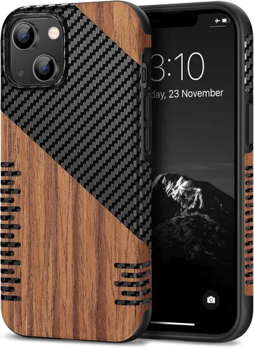 Miniatura 12 de TENDLIN Funda Magnética Compatible con iPhone 14 Plus Funda de Madera con Textura de Fibra de Carbono Diseño Híbrido de Cuero Cubierta Delgada Negro
