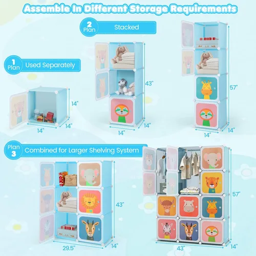 Miniatura 3 de Costzon Armario para Niños, Organizador de Almacenamiento Modular de Tocador de Dibujos Animados DIY con 12 Cubos y 2 Percheros para Colgar Ropa