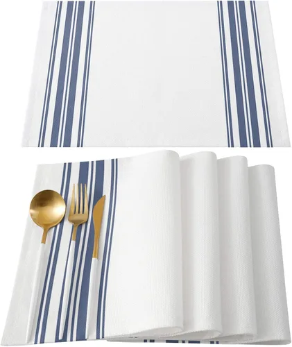 Juego de 4 manteles individuales antideslizantes para interiores, diseño de rayas azules y blancas, para cocina, mesa de comedor, vacaciones, patio,