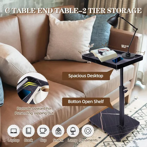 Miniatura 5 de Mesa auxiliar de mesa C de altura ajustable, extremo en forma de C para sofá, mesas de aperitivos, bandeja de TV giratoria de 360°, para espacios