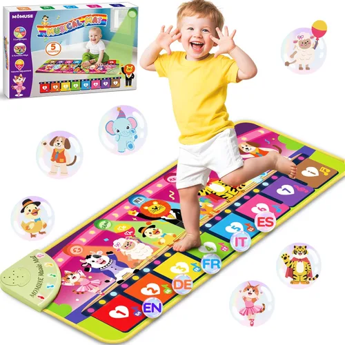 MOMUSE - Alfombrilla de piano musical en 5 idiomas (EN/DE/FR/IT/ES) para niños y niñas de 3 a 4 años, juguete educativo multilingüe con 9 animales y