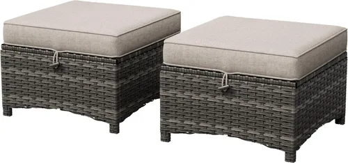 Juego de 2 otomanas para patio, 22 x 22 x 18 pulgadas, reposapiés de mimbre para exteriores con cojín, beige, para jardín, patio trasero, cubierta,