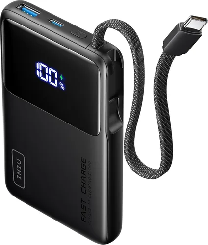 INIU Banco de energía de 45 W, cargador portátil más delgado de 10000 mAh con cable USB-C integrado, batería de entrada y salida USB C de carga Negro