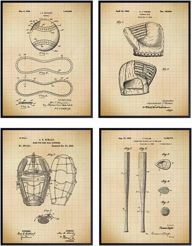 Impresiones artísticas de patentes de béisbol, juego de póster retro vintage para pared, decoración elegante y contemporánea del hogar para niños,