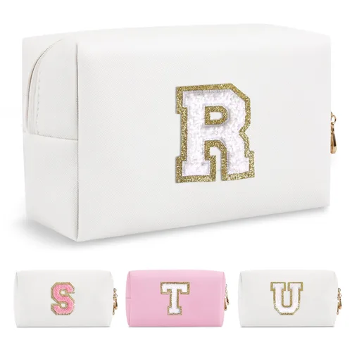 Miniatura 271 de Pequeña bolsa de maquillaje personalizada con inicial A-Z Preppy Patch, bolsa de cosméticos de viaje de felpilla blanca con cremallera, bonita bolsa