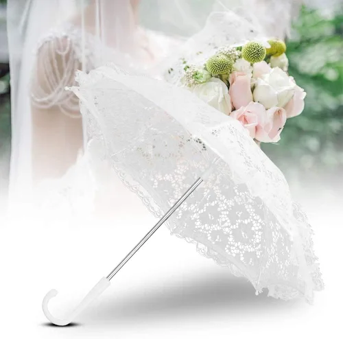 Miniatura 2 de Paraguas de viaje de encaje floral, soportes de paraguas con mango en J, para regalos (51239 blanco)