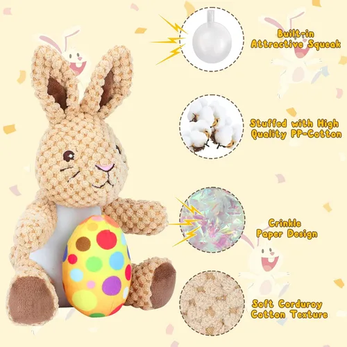 Miniatura 3 de Rypet Juguetes de peluche para perros, conejito de Pascua con huevo, juguete de felpa chirriante para mascotas con papel arrugado, juguetes