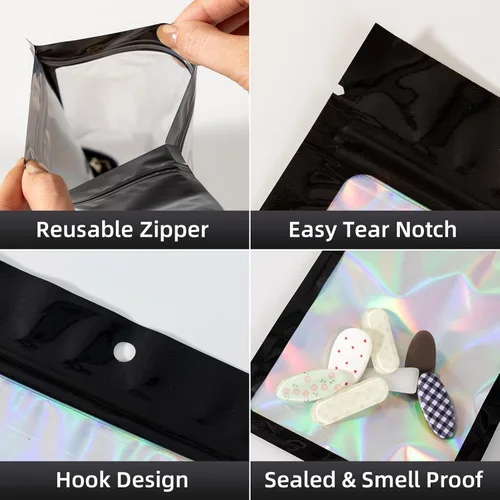 Miniatura 5 de 50 bolsas holográficas negras de Mylar de 5.5 x 7.8 pulgadas, bolsas con cremallera de aluminio resellables para gomitas, recuerdos de fiesta