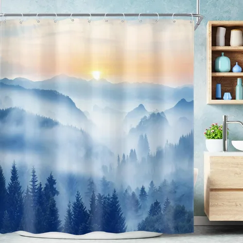 Miniatura 30 de Riyidecor - Cortina de ducha para baño pequeño de montaña, 36 pulgadas de ancho x 72 pulgadas de alto, verde, para RV, temática rústica, naturaleza