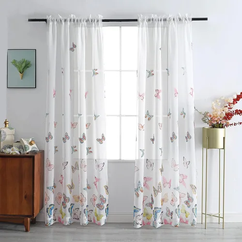 Miniatura 13 de VISIONTEX Cortinas transparentes con estampado de gasa, estilo abstracto europeo, estampado de hojas azules y amarillas, 2 paneles para decoración