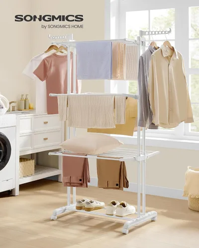 Miniatura 2 de SONGMICS Soporte de secado de ropa de 4 niveles, estante de secado de ropa plegable de 68.1 pulgadas de alto, acero inoxidable, estante de secado