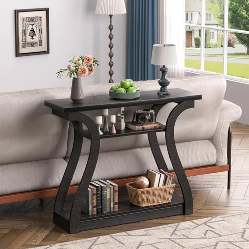Miniatura 4 de Mesa consola de madera con patas curvadas y estante, mesa de sofá moderna de 3 niveles para zona de entrada, sala de estar, pasillo, 47 pulgadas