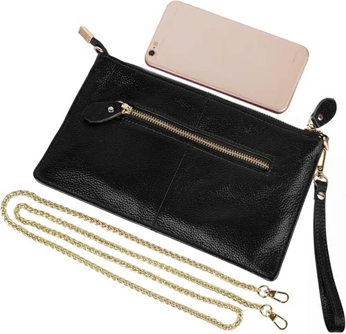 Miniatura 5 de YALUXE Clutch Wristlet - Cartera de piel auténtica con bloqueo RFID y cadena de hombro