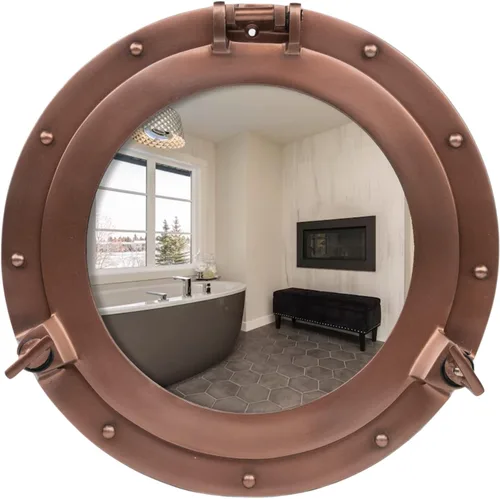 Miniatura 7 de Espejo de ojo de buey – Acabado blanco níquel plateado de 10 pulgadas Decoración náutica de pared para baño y dormitorio Decoración antigua